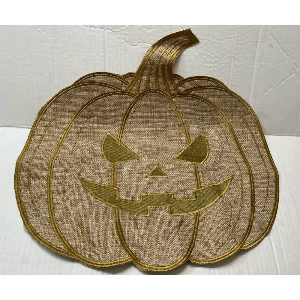 6 Pumpkin Jack O lantern Shaped Burlap Placemats Fall Autumn neutral brown